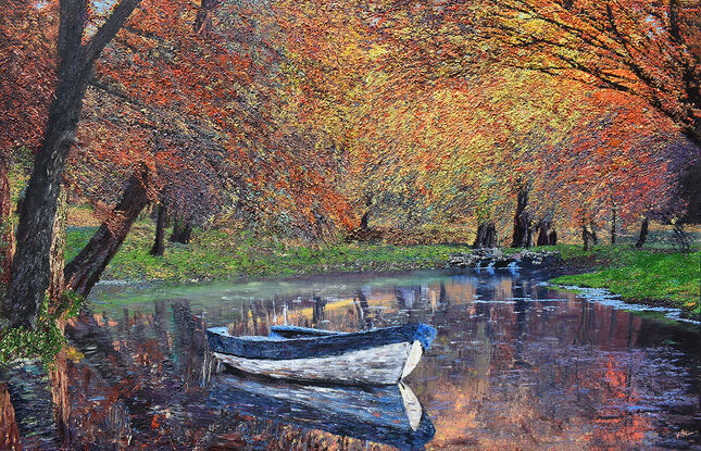 lake, boat, boat on lake, forest, autumn, red leaves