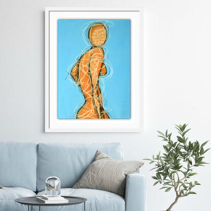 Contemporary abstract minimalist figurative nude art drawing by Sabina D'Antonio, with blue and neutral colours.