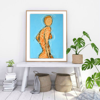 Contemporary abstract minimalist figurative nude art drawing by Sabina D'Antonio, with blue and neutral colours.