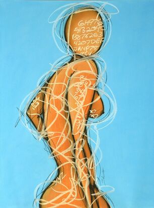 Contemporary abstract minimalist figurative nude art drawing by Sabina D'Antonio, with blue and neutral colours.