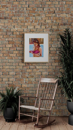 artwork showing a woman poolside in a bikini looking thoughtful