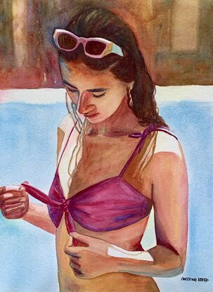 artwork showing a woman poolside in a bikini looking thoughtful