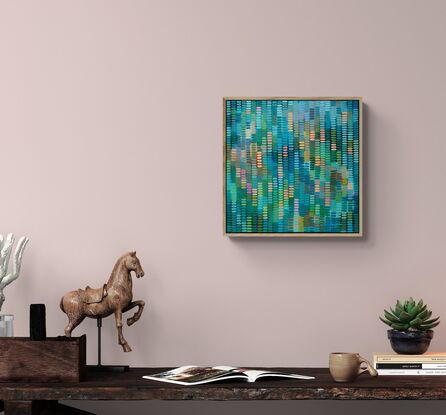 A multi coloured background full of colours from nature, covered with a veneer of similar brush strokes in every shade of green and blue and hints of coral, peach, apricot. A calming and joyful work