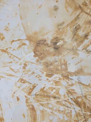 A minimalist abstract artwork depicting an aerial view in ochre, white and graphite.