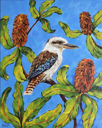 Kookaburra and Banksia original painting by Irina Redine. The loggerhead sea turtle (Caretta caretta) one of a kind wall art on round canvas with navy blue frame.