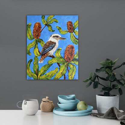 Kookaburra and Banksia original painting by Irina Redine. The loggerhead sea turtle (Caretta caretta) one of a kind wall art on round canvas with navy blue frame.