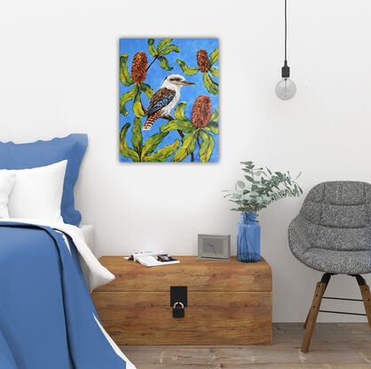 Kookaburra and Banksia original painting by Irina Redine. The loggerhead sea turtle (Caretta caretta) one of a kind wall art on round canvas with navy blue frame.