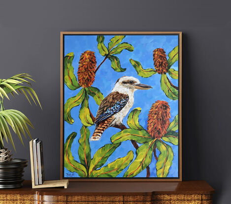 Kookaburra and Banksia original painting by Irina Redine. The loggerhead sea turtle (Caretta caretta) one of a kind wall art on round canvas with navy blue frame.