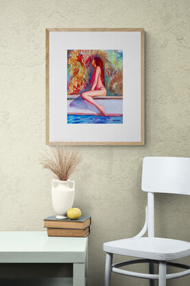 artwork showing a woman poolside looking thoughtful