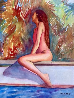 artwork showing a woman poolside looking thoughtful