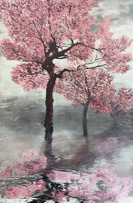 lake, trees, pink, flowers, petals, cherry blossoms, reflections