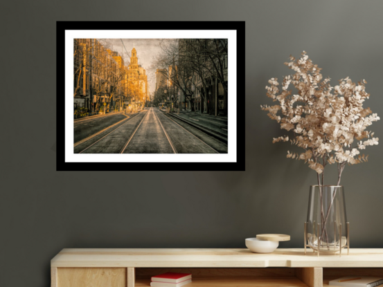 Black framed print of tree in outback australia.