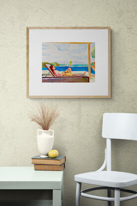 an artwork showing a woman enjoying the view from a holiday resort complete with pool