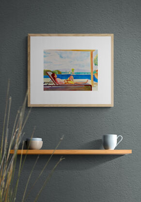 an artwork showing a woman enjoying the view from a holiday resort complete with pool