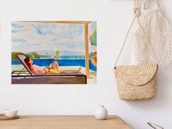 an artwork showing a woman enjoying the view from a holiday resort complete with pool