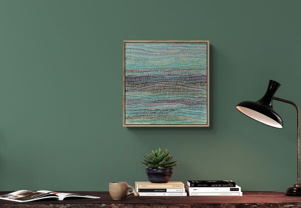 A multi deep green ocean and pink sky,  taken from  nature, covered with a veneer of repetitive brush strokes in every shade of pale pink with hints of coral, peach, apricot. A calming and joyful work