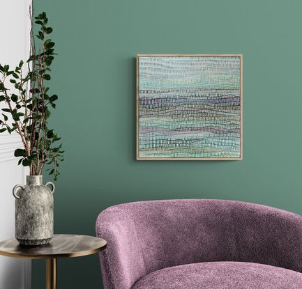 A multi deep green ocean and pink sky,  taken from  nature, covered with a veneer of repetitive brush strokes in every shade of pale pink with hints of coral, peach, apricot. A calming and joyful work