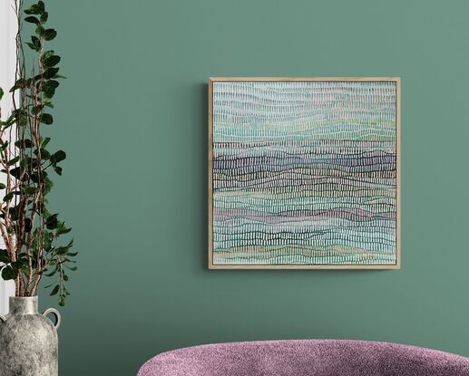 A multi deep green ocean and pink sky,  taken from  nature, covered with a veneer of repetitive brush strokes in every shade of pale pink with hints of coral, peach, apricot. A calming and joyful work