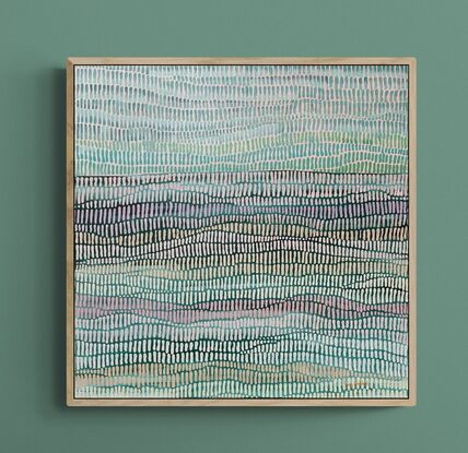 A multi deep green ocean and pink sky,  taken from  nature, covered with a veneer of repetitive brush strokes in every shade of pale pink with hints of coral, peach, apricot. A calming and joyful work