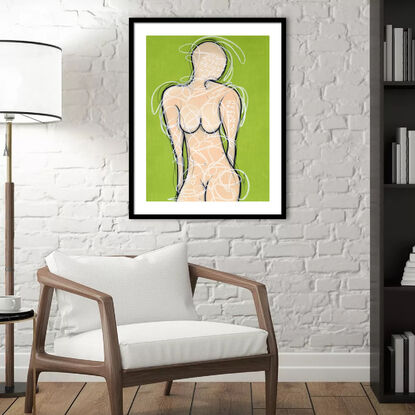 Contemporary abstract minimalist figurative nude art drawing by Sabina D'Antonio, with light green and neutral sand colours.