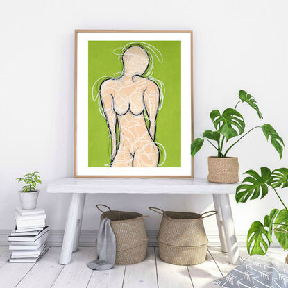 Contemporary abstract minimalist figurative nude art drawing by Sabina D'Antonio, with light green and neutral sand colours.