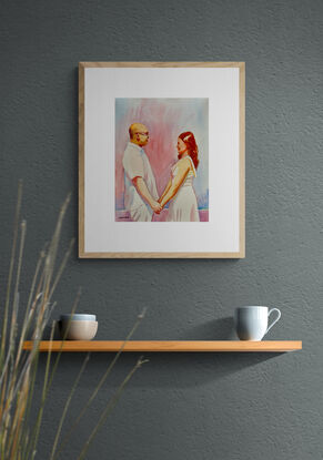 artwork showing a couple facing each other holding hands