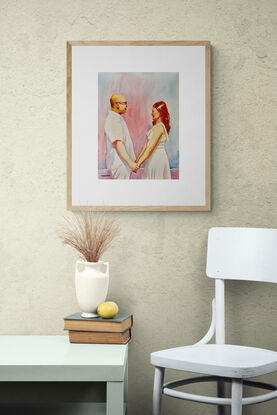 artwork showing a couple facing each other holding hands