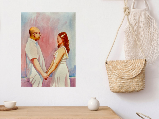 artwork showing a couple facing each other holding hands