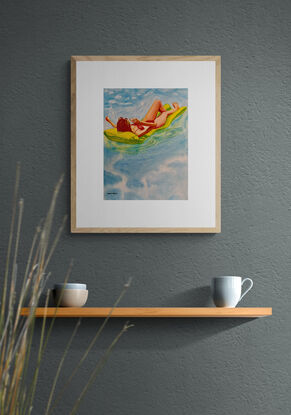 artwork showing a woman floating on a lilo in a pool