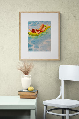 artwork showing a woman floating on a lilo in a pool