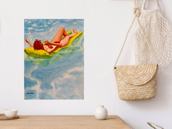 artwork showing a woman floating on a lilo in a pool