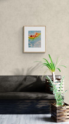 artwork showing a woman floating on a lilo in a pool