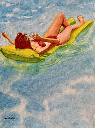 artwork showing a woman floating on a lilo in a pool