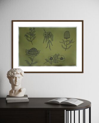 Five native Australian flowers are drawn in black pen with dashes. The background is Olive green paper.