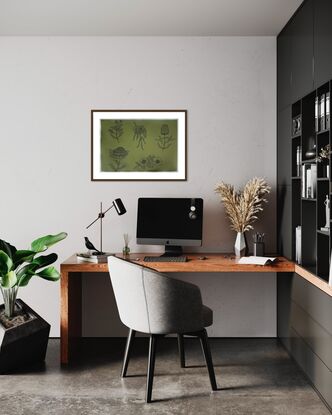 Five native Australian flowers are drawn in black pen with dashes. The background is Olive green paper.