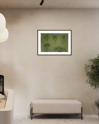 Five native Australian flowers are drawn in black pen with dashes. The background is Olive green paper.