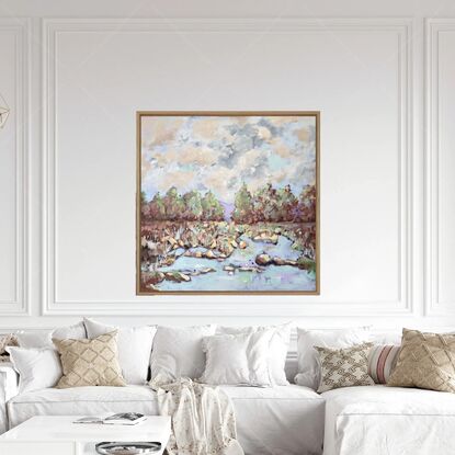 An impressionistic and softly coloured landscape with clouds trees and water