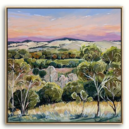 Hill side views at the Barossa Valley with pink and peach sky’s at sunset 