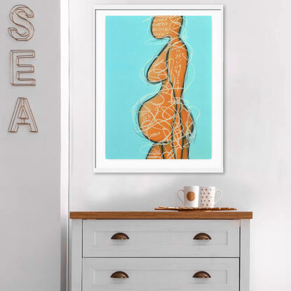 Contemporary abstract minimalist mother-to-be figurative nude art drawing by Sabina D'Antonio, with turquoise and neutral colours.