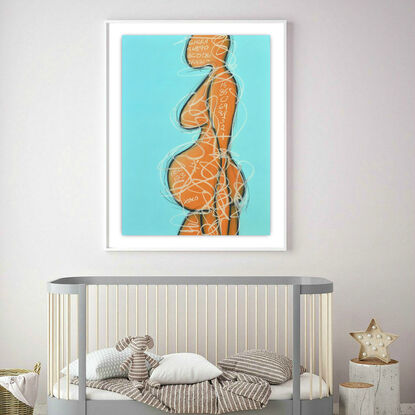 Contemporary abstract minimalist mother-to-be figurative nude art drawing by Sabina D'Antonio, with turquoise and neutral colours.