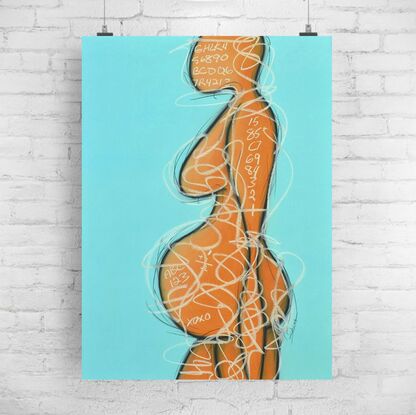 Contemporary abstract minimalist mother-to-be figurative nude art drawing by Sabina D'Antonio, with turquoise and neutral colours.