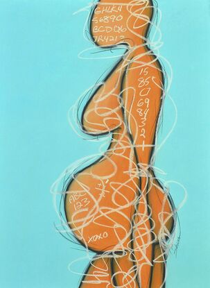 Contemporary abstract minimalist mother-to-be figurative nude art drawing by Sabina D'Antonio, with turquoise and neutral colours.