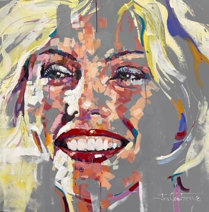 Portrait of Debbie Harry on a neutral grey background. Pops of colour make up the face. 