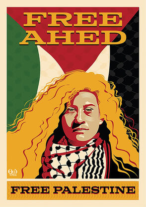 Portrait of Ahed Tamimi. a Palestinian activist wearing a keffiyah scarf with Palestine flag in background 