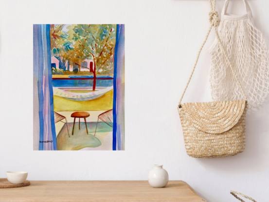 artwork showing a view of a holiday resort complete with pool and sun loungers