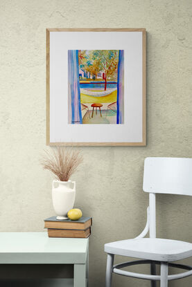 artwork showing a view of a holiday resort complete with pool and sun loungers