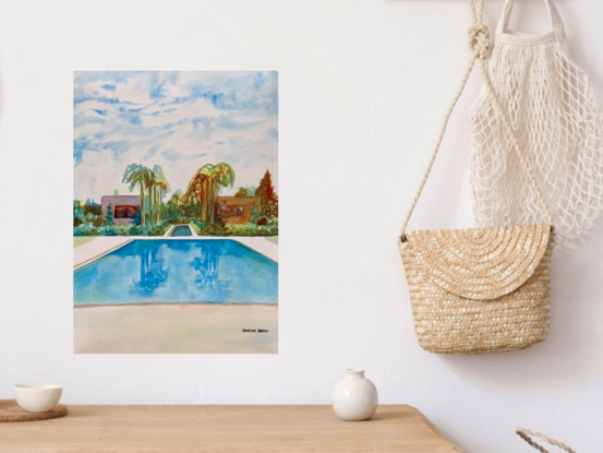 an artwork showing a view of a holiday resort complete with pool