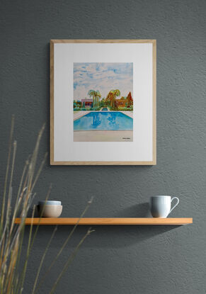 an artwork showing a view of a holiday resort complete with pool