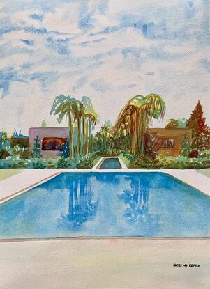 an artwork showing a view of a holiday resort complete with pool