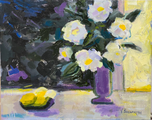 An abstracted still life of Camellias in a purple vase on a table  with a bowl of lemons.